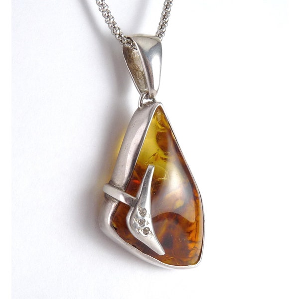 Polish Baltic Amber Modernist Sterling Silver & CZ Pendant Necklace, Gdansk, Signed