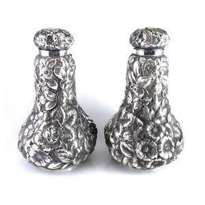 Antique George W. Shiebler Sterling Silver Floral Repousse&#39; Tall Salt & Pepper Shakers