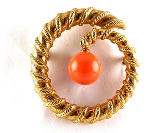 CINER Gold Plated Spiral or Coil Pin with Removable Coral Glass Bead, 2 Looks in 1