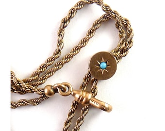 Victorian Gold-Filled Rope Watch Chain with Turquoise Slider, 48"