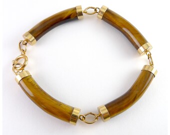 Vintage Gold-Filled & Carved Tiger's Eye Curved Links Bracelet