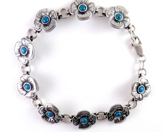 Sterling Silver Flower Links Bracelets, Deep Blue Cabochon Stones