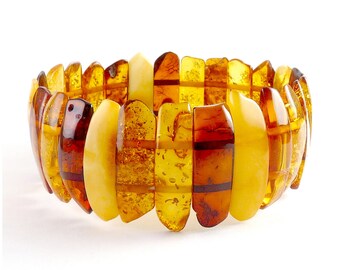 Mixed Natural Baltic Amber Panels Stretch Bracelet, Butterscotch, Cognac, Honey, Mahogany