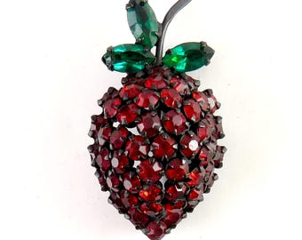 Vintage Warner Red & Green Rhinestones Strawberry Brooch, Japanned Setting