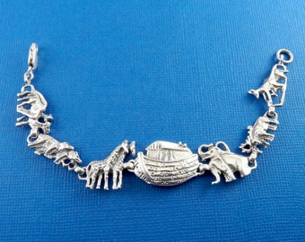 Vintage Cast Sterling Silver Noah's Ark & Animals Link Bracelet, Nice Detail