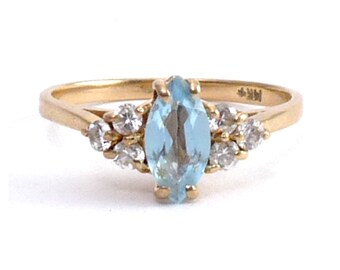 Vintage 14K Gold Blue Topaz Marquise & Diamond Ring, 2.0 Grams