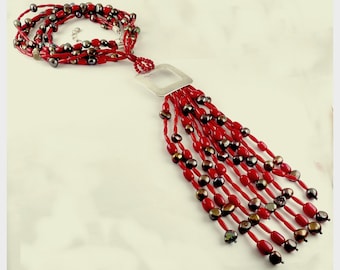 Jay King DRT Multi-Strand Red Coral & Black Pearls Necklace, Sterling Square Centerpiece, Bead Fringes Tassel
