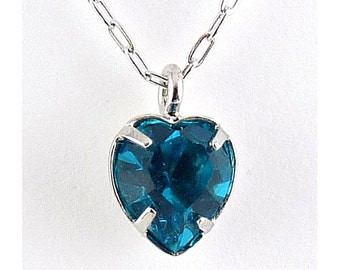 1960's Wells Sterling Silver & Blue Zircon Crystal DECEMBER Birthstone Pendant Necklace - Old Stock