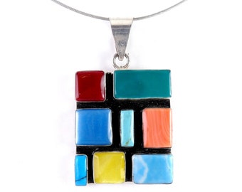 Mexican Modernist Multicolor Glass Tiles Mosaic Rectangle Pendant, Cable Necklace