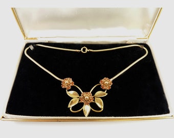 Krementz 2-Tone Gold Overlay 3 Flowers Necklace, Snake Chain, Butterfly Frame, Original Box, Optional