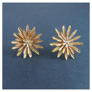 May include: A pair of gold-toned flower-shaped stud earrings. Each earring features a central cluster of small petals surrounded by larger, textured petals in shades of gold, rose gold, and bronze. The earrings are set against a dark blue background.