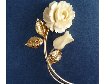 Vintage Large Winard Gold-Filled Carved Rose & Rose Bud Brooch Pin