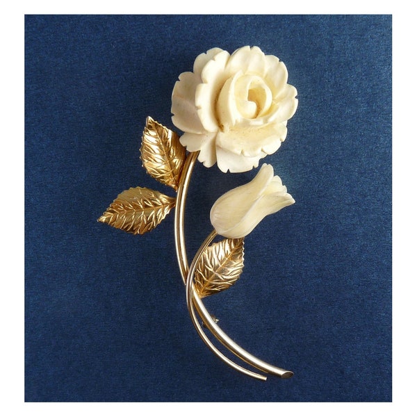 Vintage Large Winard Gold-Filled Carved Rose & Rose Bud Brooch Pin