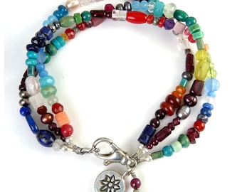 Vivid Multicolor Gemstone & Pearl Beads 3-Strand Bracelet, Sterling Clasp, Rainbow Hues