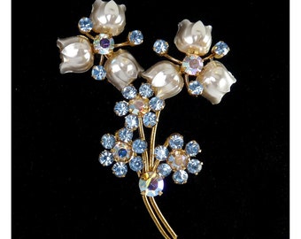 Vintage Austria Pearlized Tulips, Blue & Orange AB Rhinestones Flower Boquet Brooch Pin