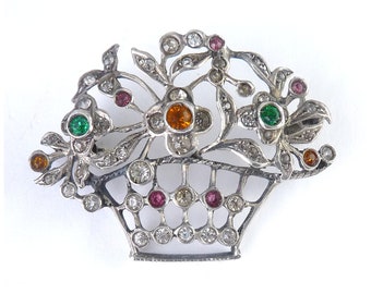 German Art Deco Sterling Silver Multicolor Paste Stones Flower Basket Brooch Pin