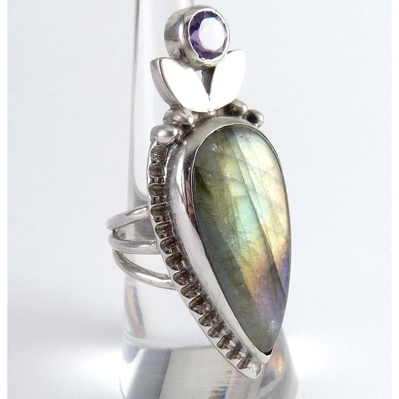 Tall Sterling Silver, Large Labradorite & Amethys… - image 5