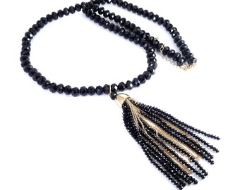 Deco Style Chic Long Black Rondelle Beads Necklace with Gold Chain & Beaded Tassel