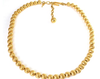 Trifari Gold Tone Textured Round Bead on Chain Necklace, Lion Head Key Tag