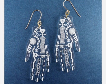 While Odin Sleeps Long Lucite Hand Vestigium Earrings, Etched Mystical Symbols, GF Wires