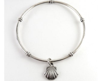 Vintage Sterling Silver Sectioned Bangle with Scallop Shell Charm, Sea Shell Bracelet