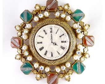 Vintage ART Arthur Pepper Pocket Watch Look Large Brooch, Fancy Glass Stones & Faux Pearls, Mode-Art