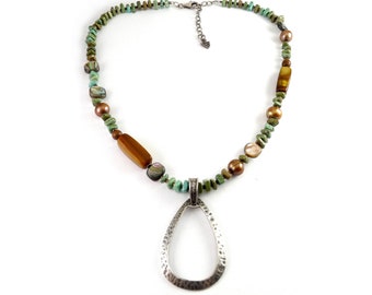 Silpada Sterling, Turquoise Howlite, Pearls, MOP Beads Teardrop Pendant Necklace N1786