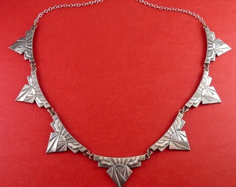 1920's Art Deco Silver Tone Cubist Links Necklace, Iconic Geometric Design