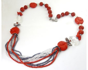 Dramatic Cinnabar, Crystal Quartz, Black Pearl, Coral & Sterling Necklace - Carved Fish, Frog, Rabbit Beads OOAK