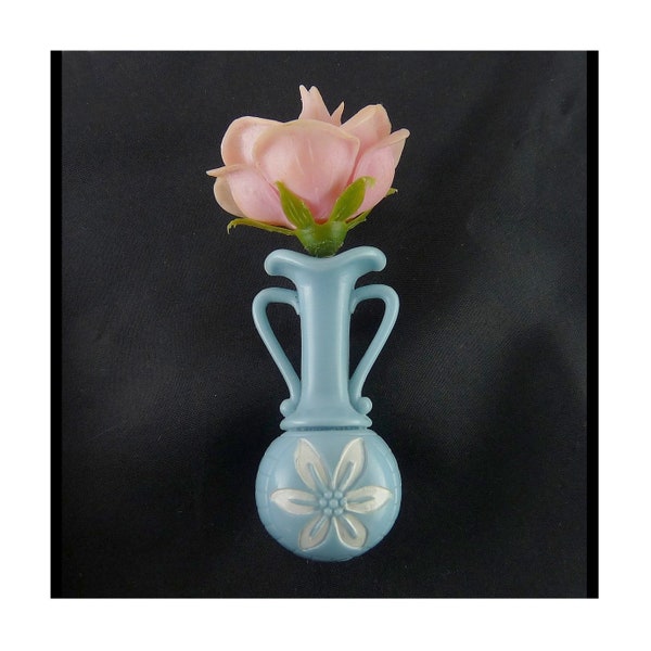 1950's Light Blue Plastic Bulb Vase Pin, Watertight, Removable Rose, Boutonniere Lapel, Flower Vial Holder