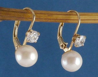 14K Yellow Gold, White Pearl & CZ Drop Earrings, Pierced, Lever Backs