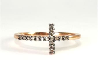 10K Rose Gold Champagne Diamonds Cross Ring, NOS, Like New