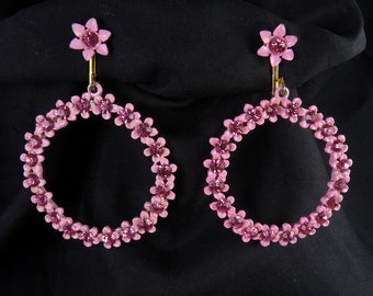 Vintage 1960's Pink Enameled Flower Hoop Clip Earrings with Rhinestones, Like New! NOS