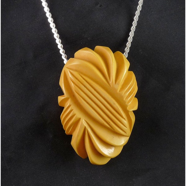 1940's Butterscotch Carved Bakelite Leaf Dress Clip with Chain