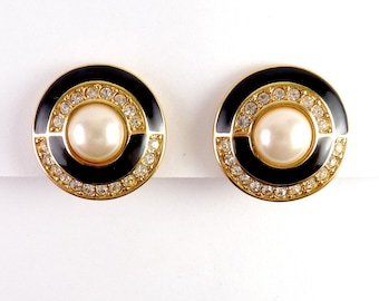 Dramatic 1980's Swarovski S.A.L. Black Enamel, Faux Pearl & Crystal Round Clip Earrings