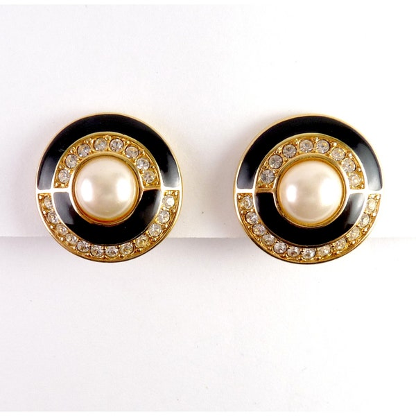 Dramatic 1980's Swarovski S.A.L. Black Enamel, Faux Pearl & Crystal Round Clip Earrings