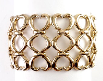 1955 MONET Gold Plated Wide Three-Row Link Bracelet, Safety Chain