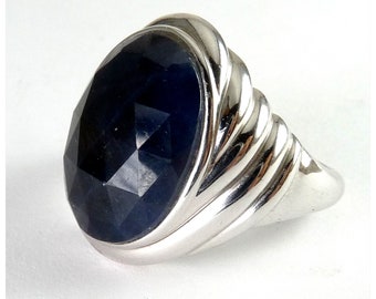 Sterling Silver & Dark Blue Sapphire Solitaire Ring, Triangle Facets, Fancy Ajoure Setting, Signed