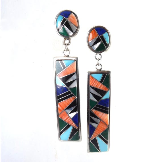 Important Kee Vintage Native American Navajo Lapis Sterling Silver Earrings Important Kee Vintage Native American Navajo Lapis Sterling Silver Earrings