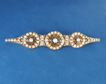 Antique Fancy 14K Yellow Gold, Seed Pearls 3 Circles 3" Long Bar Brooch Pin, 7.9 Grams