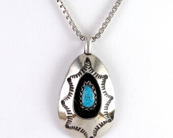 Native American Sterling & Turquoise Shadow Box Teardrop Pendant Necklace