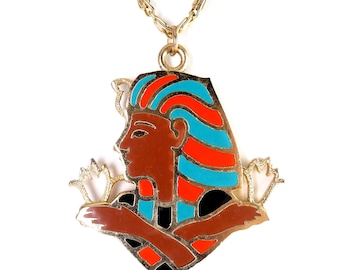 1970's Gold Tone Enameled Pharaoh King Tut Pendant Necklace