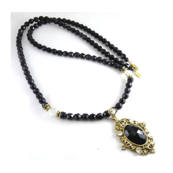 Vintage 1928 Brand Extra Long Black Beads Gold To… - image 1