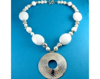 A.S. Israel White Quartz Beads, Pearls, Sterling Nuggets & Hammered Disk Necklace