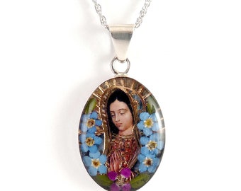 Mexican Sterling Lady of Guadalupe Virgin Mary Pendant Necklace, Dried Flowers, Multicolor, Sterling Chain