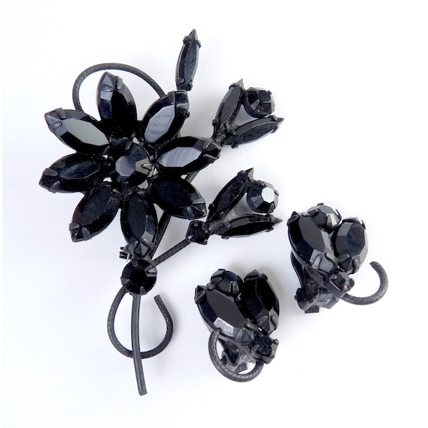 1960's Japanned Black Rhinestones Flower Pin & Clip Earrings