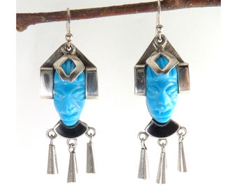 Mexican Sterling Silver, Carved Turquoise, Black Enamel Aztec Mayan Head Earrings