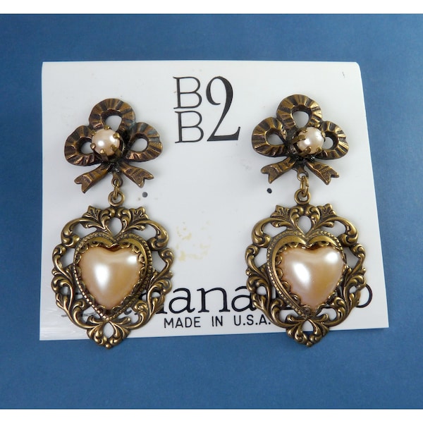 1980's Banana Bob Gilt Brass, Faux Pearl, Heart & Bow Dangle Earrings-NOS