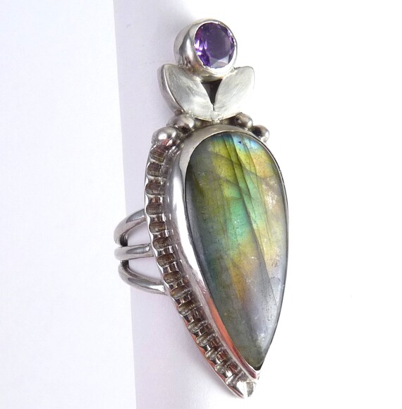 Tall Sterling Silver, Large Labradorite & Amethys… - image 2