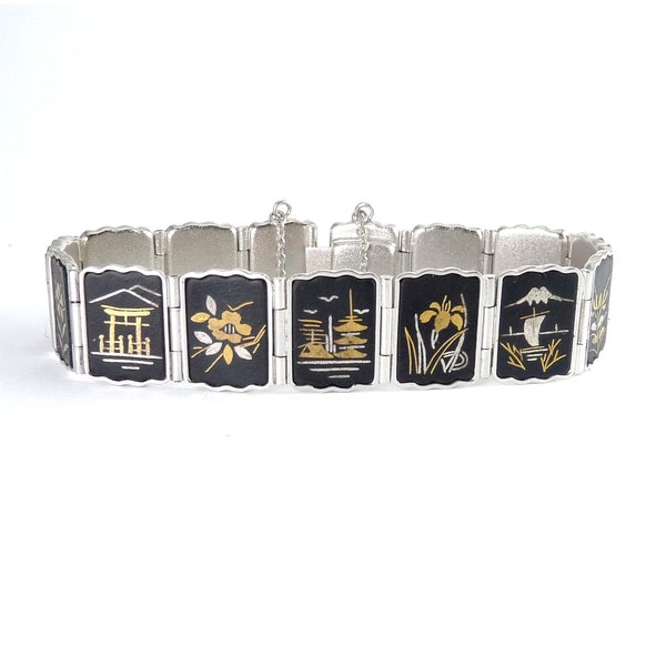 Japan Amita Sterling Silver Shakudo Damascene Link Bracelet, Gold & Silver